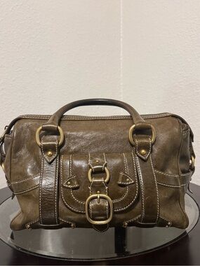 Celine Phelio Olive Green Leather Satchel Handbag with Gold Hardware